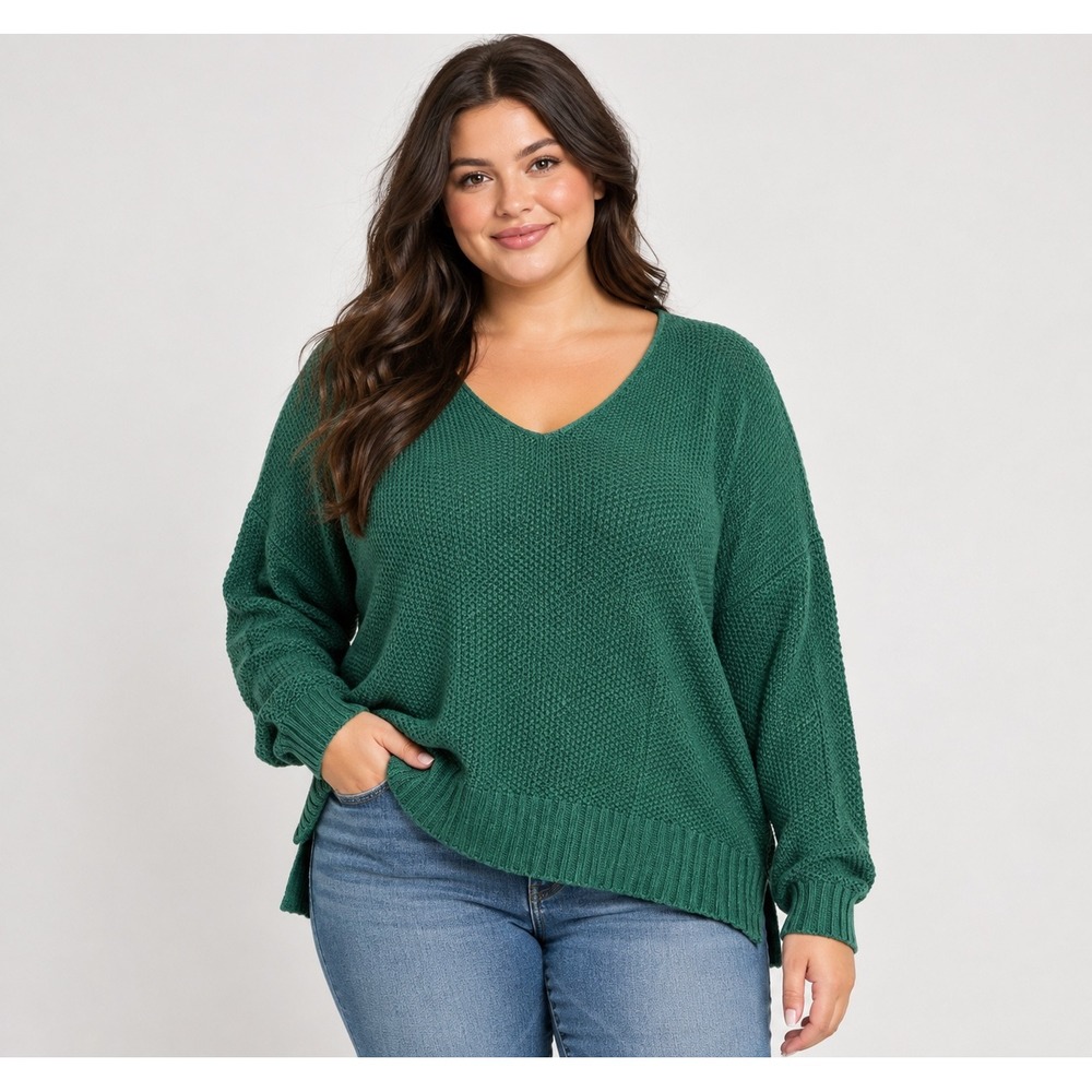 Lucky Brand V-Neck Sweater Women XL Green Shaker Knit Oversized Slit Pullover